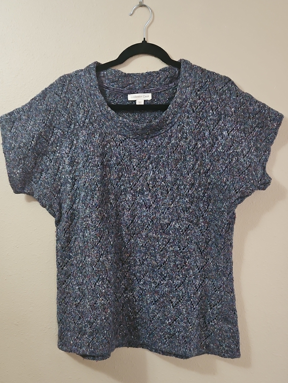 Coldwater Creek Blue Multicolor Short-Sleeve Knit Top with Textured Stitch